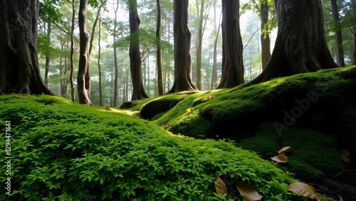 Wallpaper Mural Sunlight filtering through trees illuminating mossy forest floor Torontodigital.ca