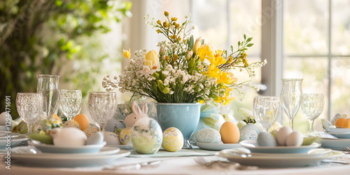 Easter Table with Pastel Eggs and Spring Floral Arrangement