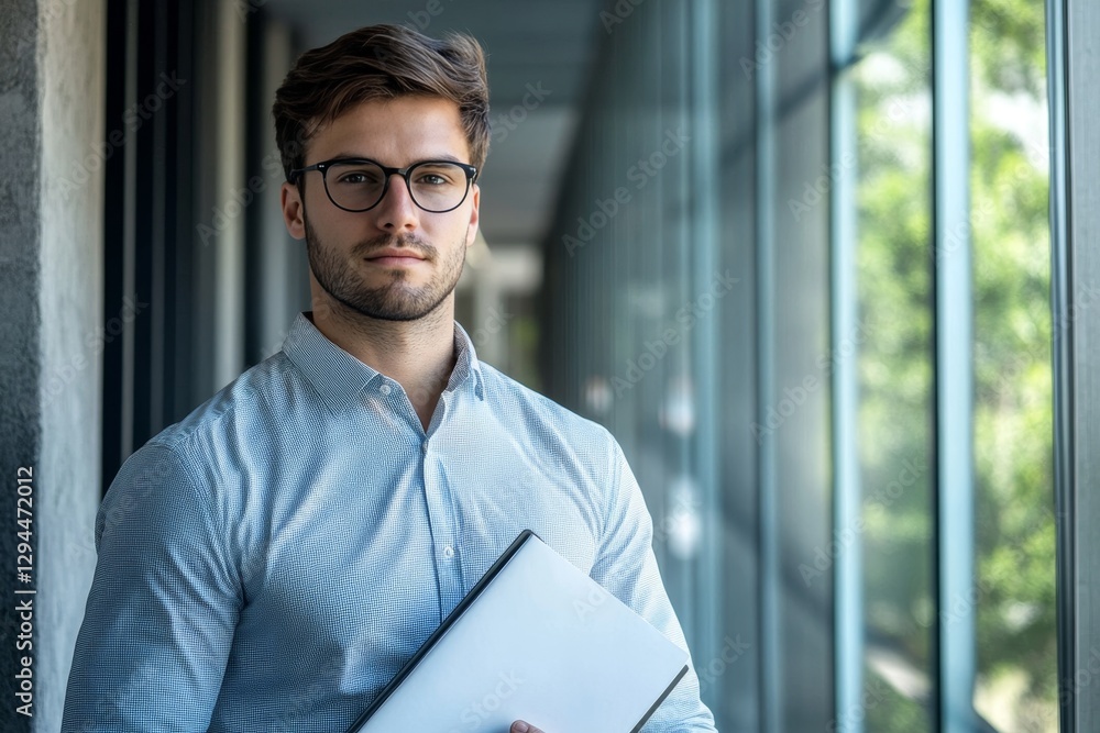Fototapeta premium Confident businessman in glasses holding folder in a bright, modern office corridor