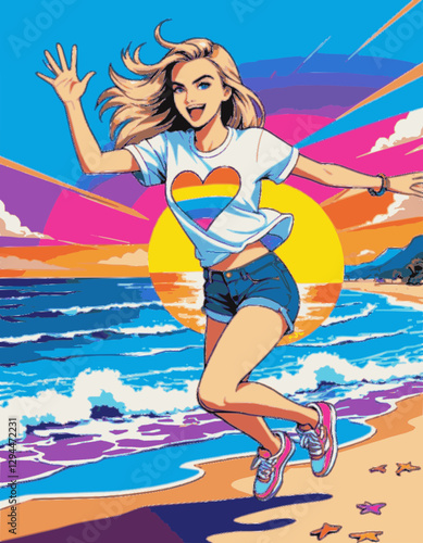 Mujer jove saltando feliz en la playa