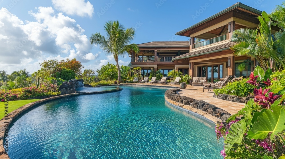 Fototapeta premium Luxurious Tropical Villa with Serene Pool and Lush Garden Surroundings