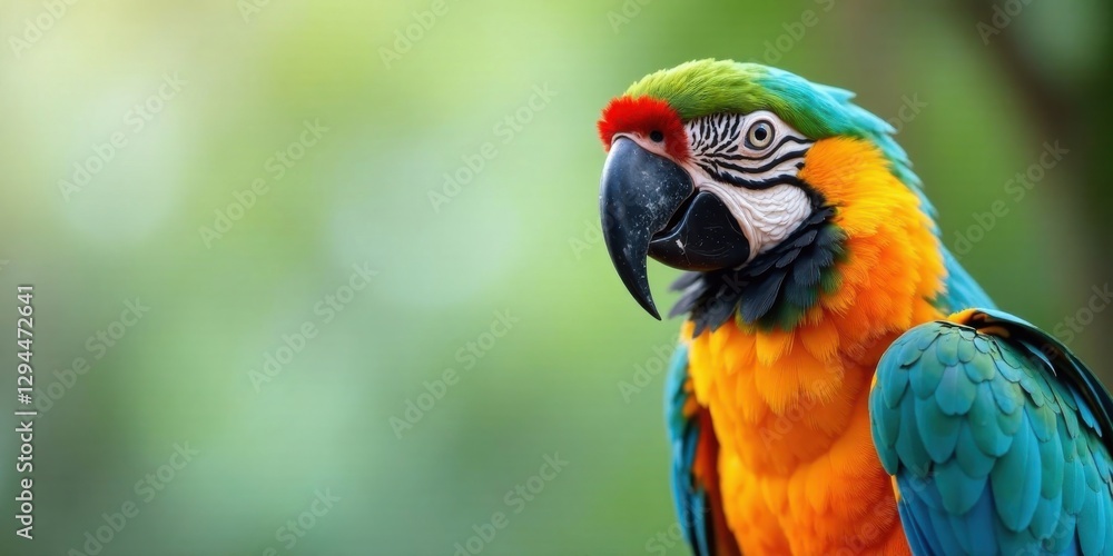 A Vibrant Blue-and-Gold Macaw Perched Against a Soft Green Background, Displaying Its Striking Plumage and Intricate Feather Details in a Close-Up Portrait A Vibrant Blue-and-Gold Macaw Perched Against a Soft Green Background, Displaying Its Striking Plumage and Intricate Feather Details in a Close-Up Portrait