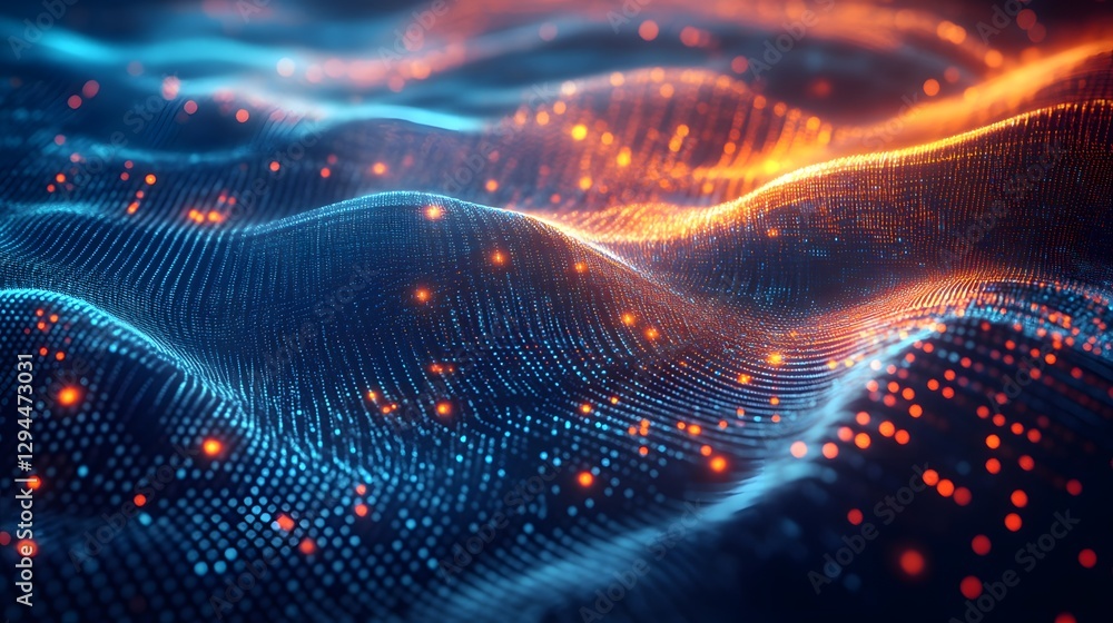 Abstract digital visualization of blue and orange glowing particles Abstract digital visualization of blue and orange glowing particles