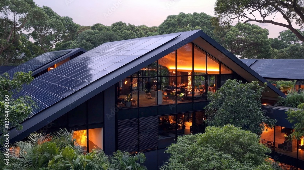 Fototapeta premium Modern Eco Friendly Home Solar Panels Sustainable Architecture Green Building Design T