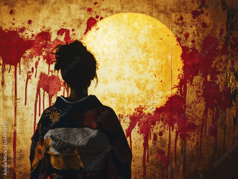 Fototapeta premium Woman in front of blood-covered wall