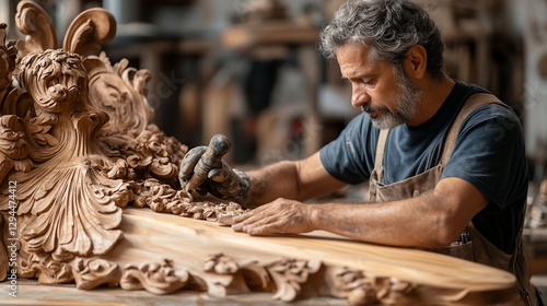 Craftsman carving ornate wood in workshop