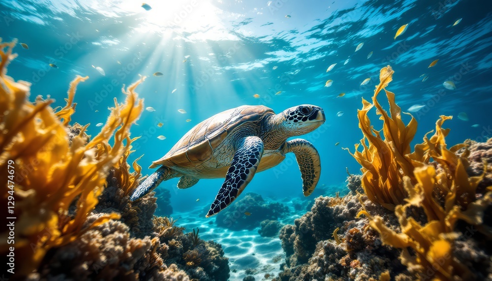 Fototapeta premium Majestic Sea Turtle Gliding Through Turquoise Waters with Sunlight Streaming Through the Surface and coral reef nearby the bottom