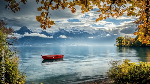 A peaceful view of Lake Geneva with a lone red boat gently floating, while the majestic Alps rise in the background beneath a cloudy sky, framed by colorful foliage.