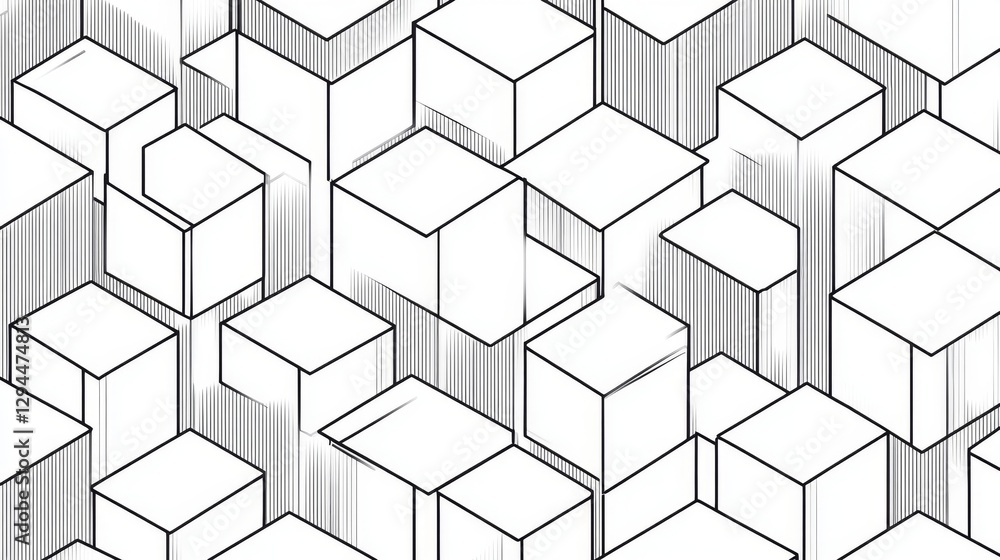 Hand-drawn geometric cube pattern with 3d effect in black and white Hand-drawn geometric cube pattern with 3d effect in black and white