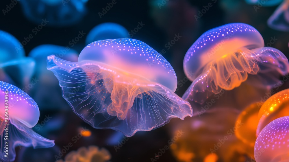 Fototapeta premium Mesmerizing Jellyfish, A Deep Dive into an Underwater Symphony of Bioluminescence and Graceful Motion Captivating Aquatic Elegance