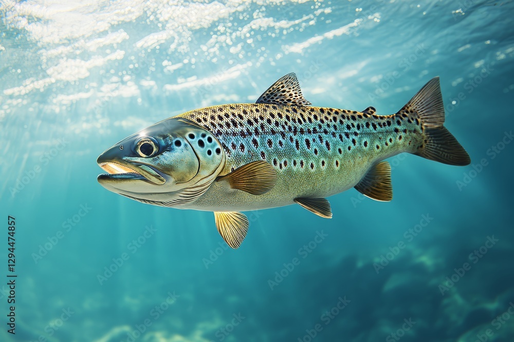 Fototapeta premium Solitary trout swims gracefully in clear blue water with sunlit surface