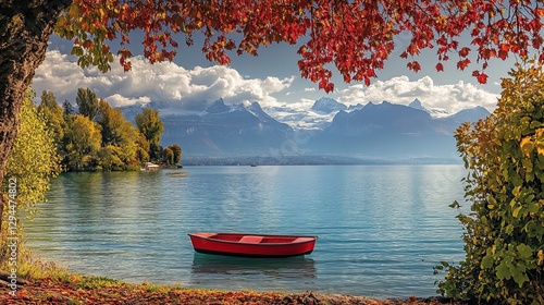 A peaceful view of Lake Geneva with a lone red boat gently floating, while the majestic Alps rise in the background beneath a cloudy sky, framed by colorful foliage.