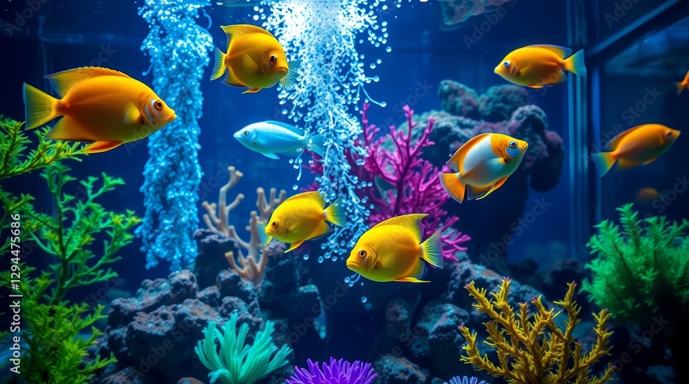 Fototapeta premium Vibrant Underwater World, Golden Fish Swimming in a Colorful Coral Reef Habitat