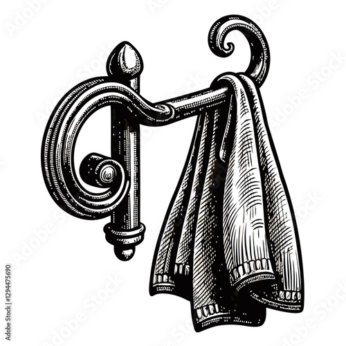 Vintage Hand Drawn Illustration of Towel on an Ornate Towel Rack