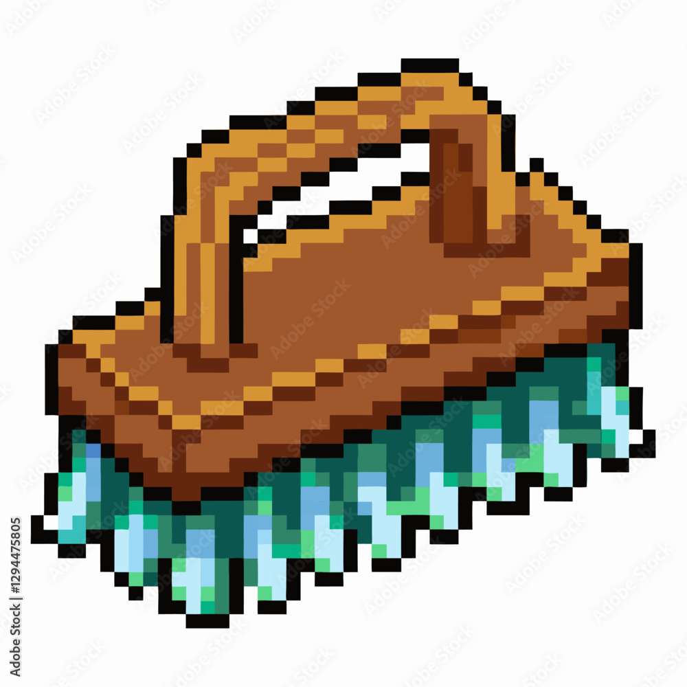 Fototapeta premium Retro Pixel Art Cleaning Brush with Wooden Handle and Green Bristles