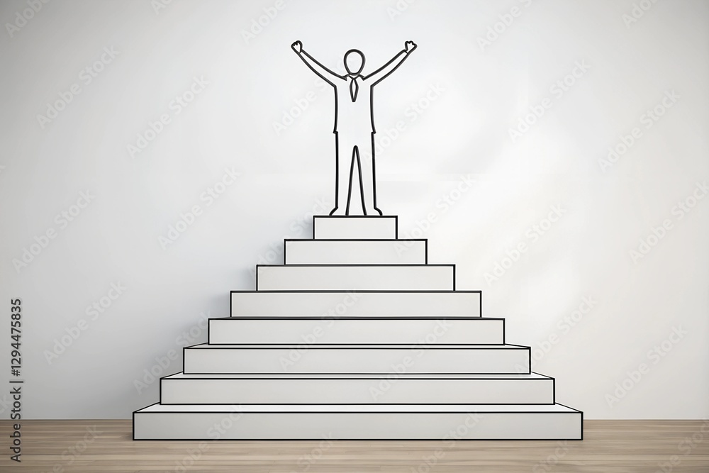 A continuous-line drawing of a person standing at the top of a staircase, symbolizing success A continuous-line drawing of a person standing at the top of a staircase, symbolizing success