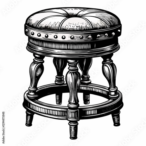 Vintage Wooden Stool Illustration with Detailed Engraving Style