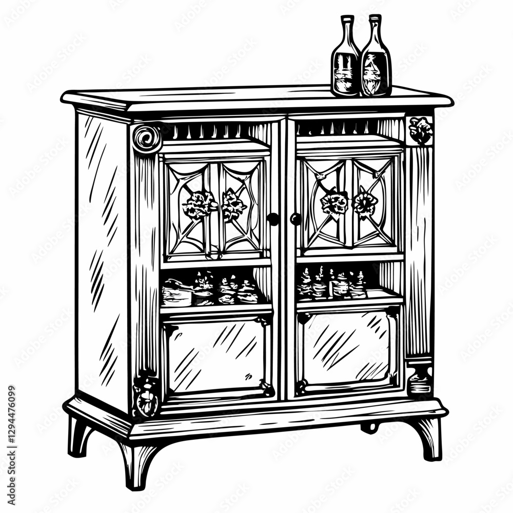 Fototapeta premium Vintage Wooden Cabinet with Glass and Floral Accents in Black and White Illustration