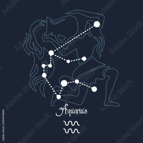 Aquarius, constellation and zodiac sign on the background of the cosmic universe. Blue and white design. Illustration