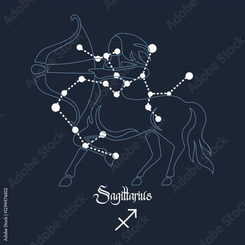 Sagittarius, constellation and zodiac sign on the background of the cosmic universe. Blue and white design. Illustration