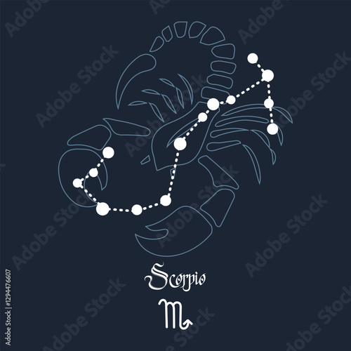 Scorpio, constellation and zodiac sign on the background of the cosmic universe. Blue and white design. Illustration