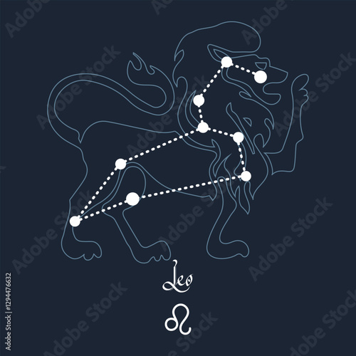Leo, constellation and zodiac sign on the background of the cosmic universe. Blue and white design. Illustration
