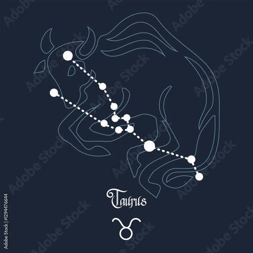 Taurus, constellation and zodiac sign on the background of the cosmic universe. Blue and white design. Illustration