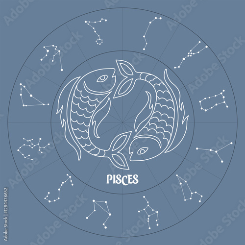 Pisces zodiac sign in astrological circle with zodiac constellations, horoscope. Blue and white design