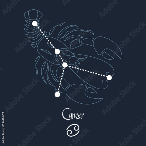 Cancer, constellation and zodiac sign on the background of the cosmic universe. Blue and white design. Illustration