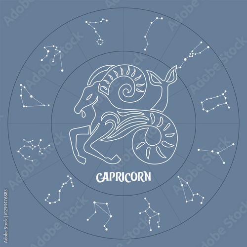 Capricorn zodiac sign in astrological circle with zodiac constellations, horoscope. Blue and white design