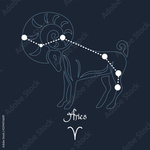 Aries, constellation and zodiac sign on the background of the cosmic universe. Blue and white design. Illustration