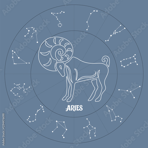 Aries zodiac sign in astrological circle with zodiac constellations, horoscope. Blue and white design