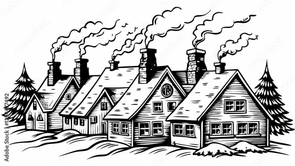 Naklejka premium Cozy Winter Village Illustration with Snowy Cottages and Smoky Chimneys