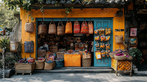 Colorful Vietnamese shop front displays handcrafted bags and baskets