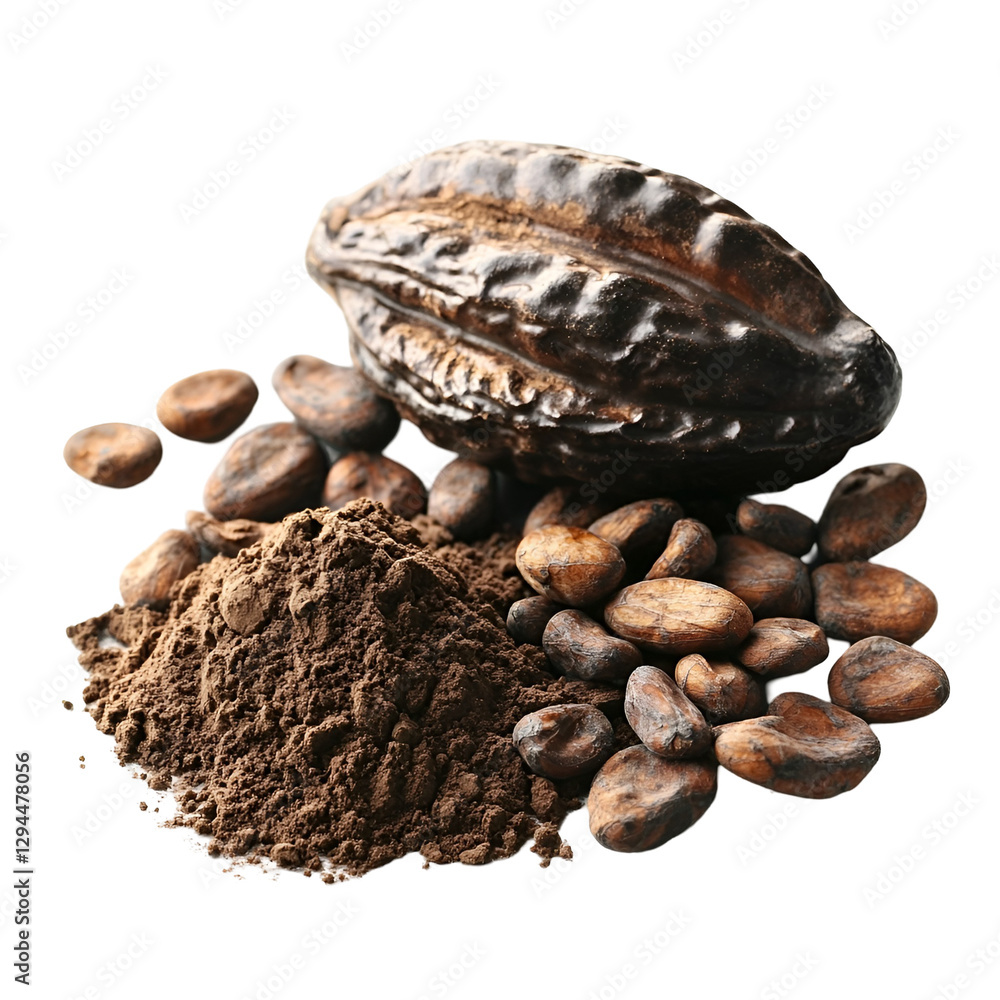 Cocoa Beans, Cacao Pod, Powder Rich Chocolate Ingredients Cocoa Beans, Cacao Pod, Powder Rich Chocolate Ingredients