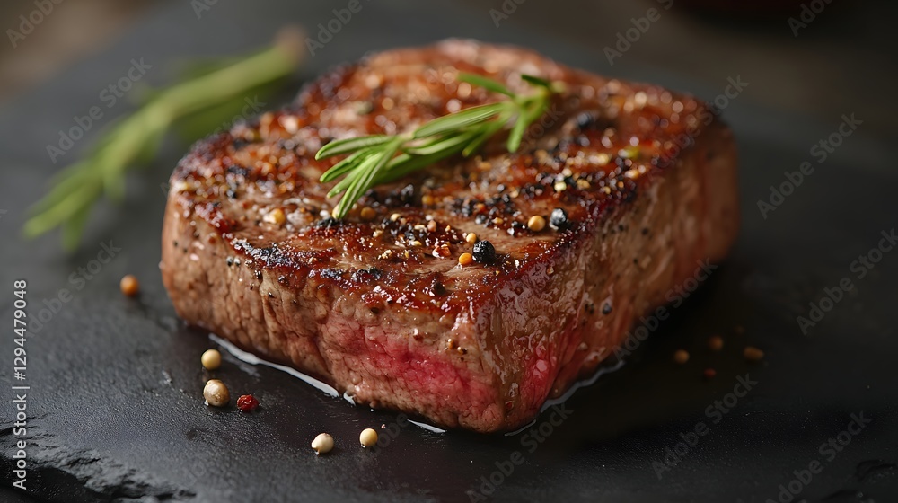 Succulent ribeye steak with caramelized crust, topped with sprig of rosemary. Protein-high dish is presented on slate board accompanied by gourmet spices Succulent ribeye steak with caramelized crust, topped with sprig of rosemary. Protein-high dish is presented on slate board accompanied by gourmet spices