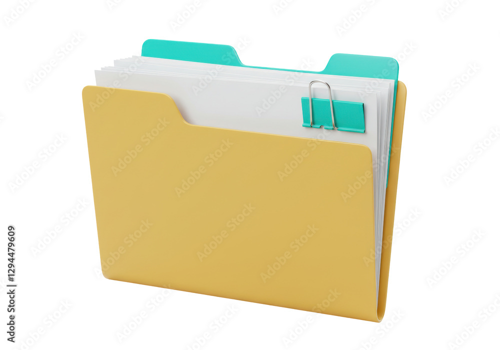Isolated Yellow Folder with Documents and Clip Isolated Yellow Folder with Documents and Clip