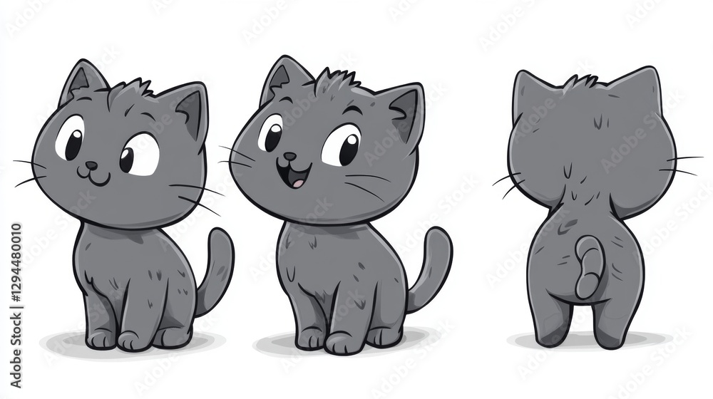 Cute cartoon gray kitten in three different poses front side back Cute cartoon gray kitten in three different poses front side back