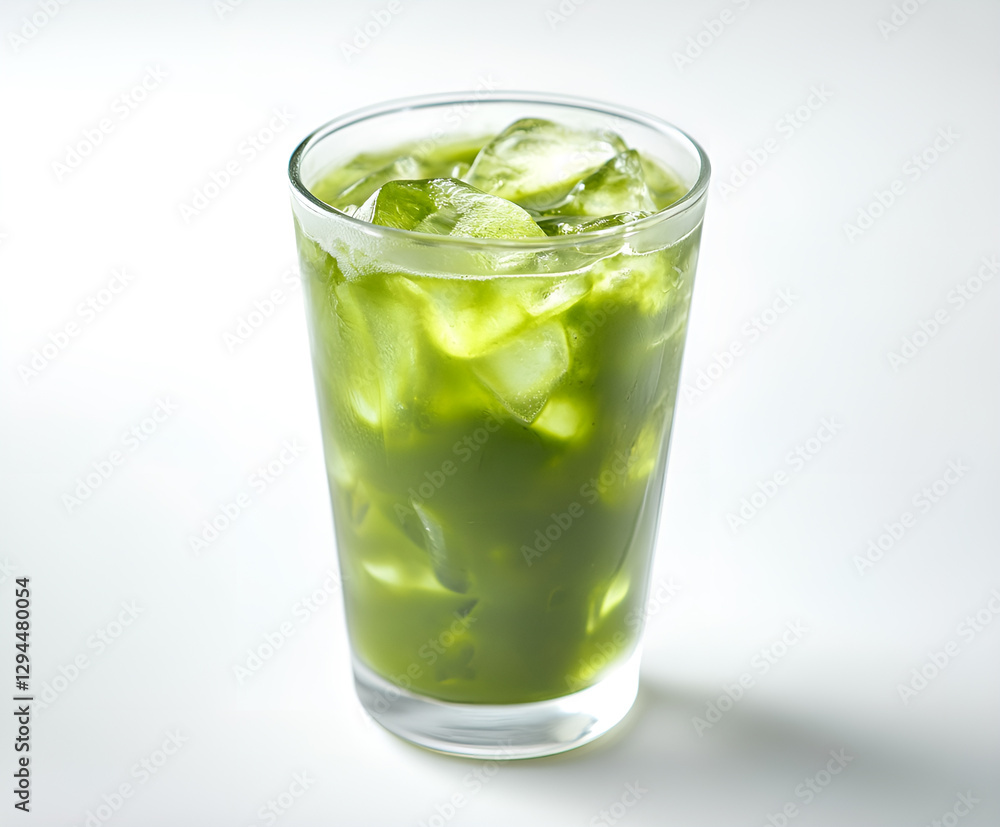 Iced Green matcha tea mixed with ice cube and milk in latte glass on white. Space for text. Close up. Iced Green matcha tea mixed with ice cube and milk in latte glass on white. Space for text. Close up.