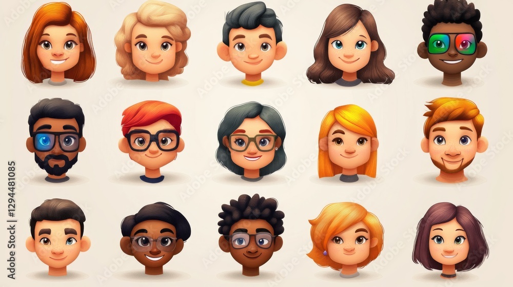 Diverse cartoon avatars of young adults with varied hairstyles and features Diverse cartoon avatars of young adults with varied hairstyles and features