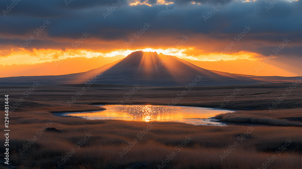 Sunrise over mountain reflected in tranquil pool Sunrise over mountain reflected in tranquil pool