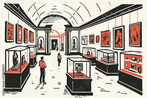 Vintage Museum Corridor with Art and Exhibits in Black and Red Illustration Style