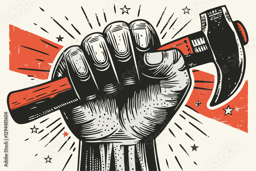 Vintage Hand Holding Hammer Illustration: Retro Power Symbol with Bold Graphic Style