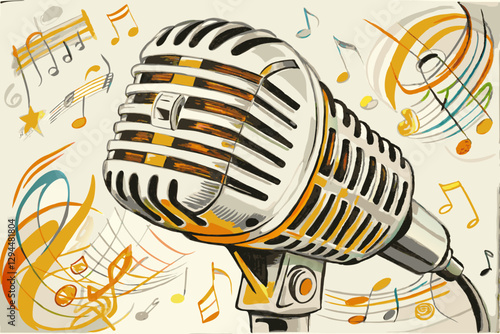 Retro Microphone Surrounded by Colorful Musical Notes and Swirls on Artistic Background