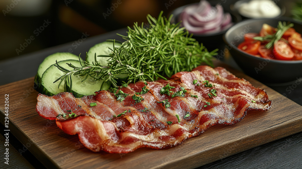 Freshly cooked bacon strips arranged on wooden board with herbs and vegetables. delicious and appetizing presentation for food lovers Freshly cooked bacon strips arranged on wooden board with herbs and vegetables. delicious and appetizing presentation for food lovers