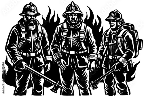 Vintage Engraved Illustration of Brave Firefighters Standing Together