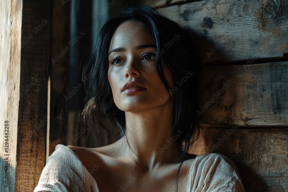 Naklejka premium Woman leaning on wooden wall