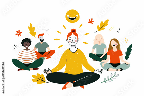 Diverse Group Meditating Outdoors with Smiling Sun in Autumn Scene, Laughter Yoga