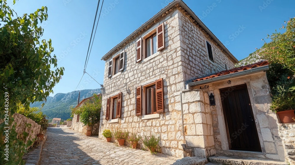 Stone building with black door and windows Stone building with black door and windows