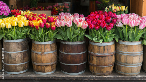 Wallpaper Mural Colorful tulips blooming from weathered wooden barrels. A vibrant floral display in a rustic setting, evoking spring and natural beauty. Torontodigital.ca